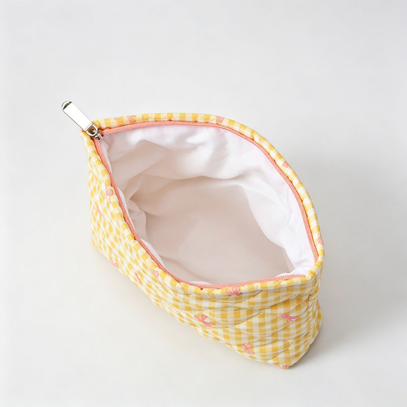 Gingham Bow Print Quilted Zipper Pouch