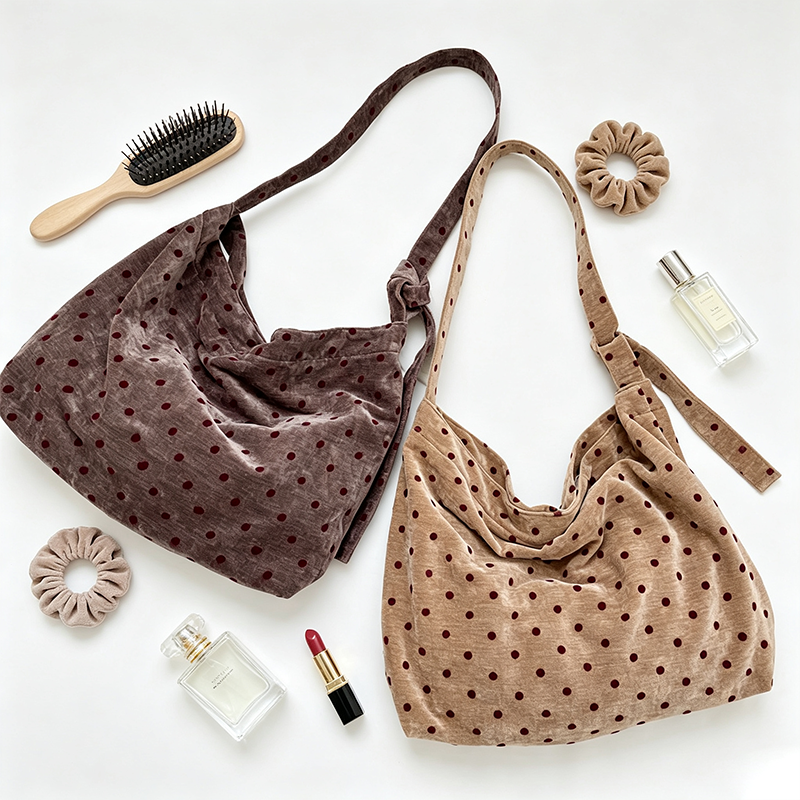 Velvet Polka Dot Shoulder Tote Bag