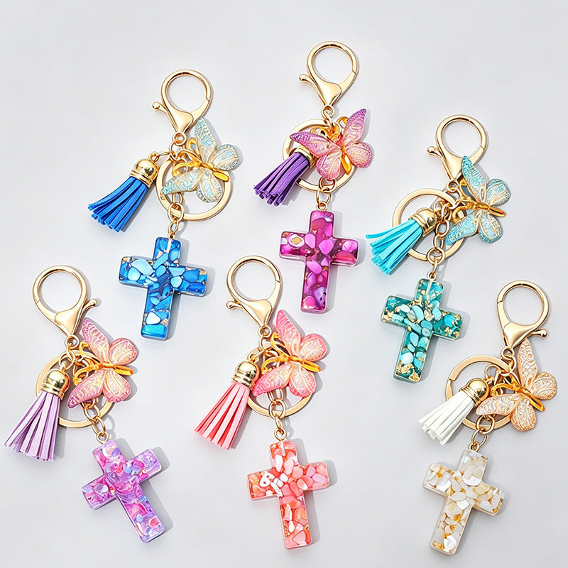Resin Cross Butterfly Tassel Keychain