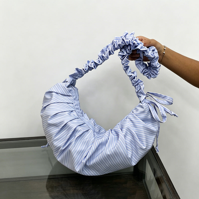 Striped Ruched Ruffle Shoulder Bag