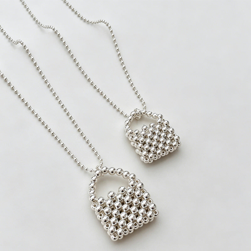 Elegant Silver Beaded Bag Pendant Sweater Necklace