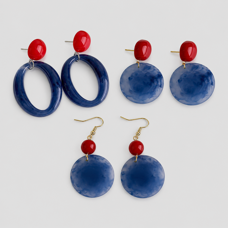 Vintage Red & Blue Color Block Ink Wash Dangle Earrings
