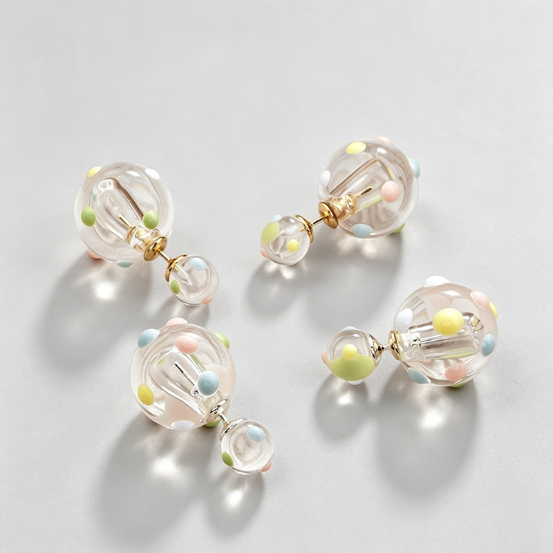 Double Transparent Ball Pastel Dot Back Front Earrings