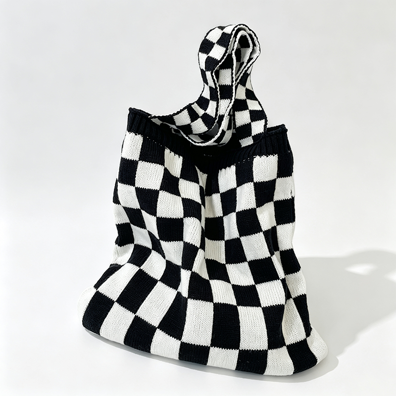 Checkered Knit Tote Shoulder Bag