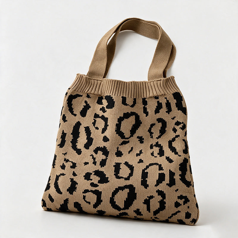 Leopard Print Knit Shoulder Tote Bag