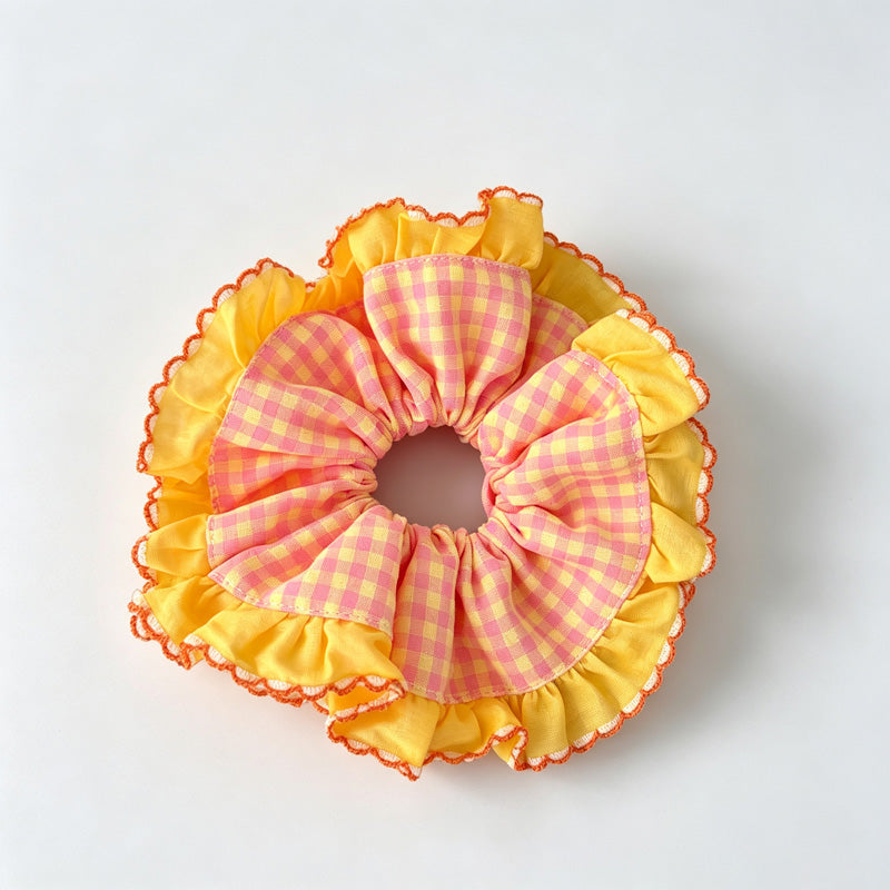 Ruffle Grid Print Scrunchie