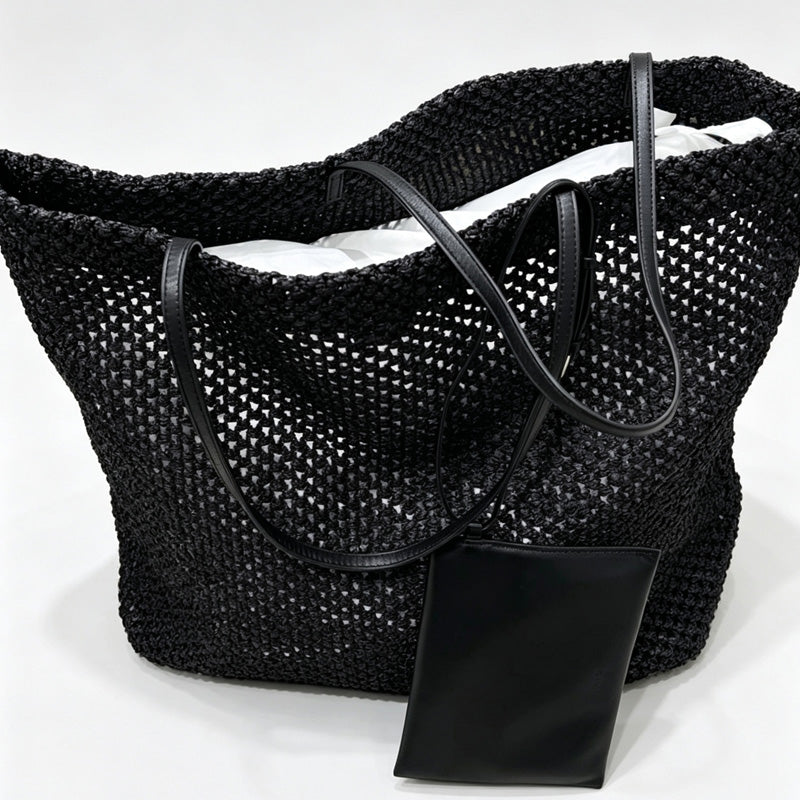 Woven Straw Tote Bag with Small Pouch