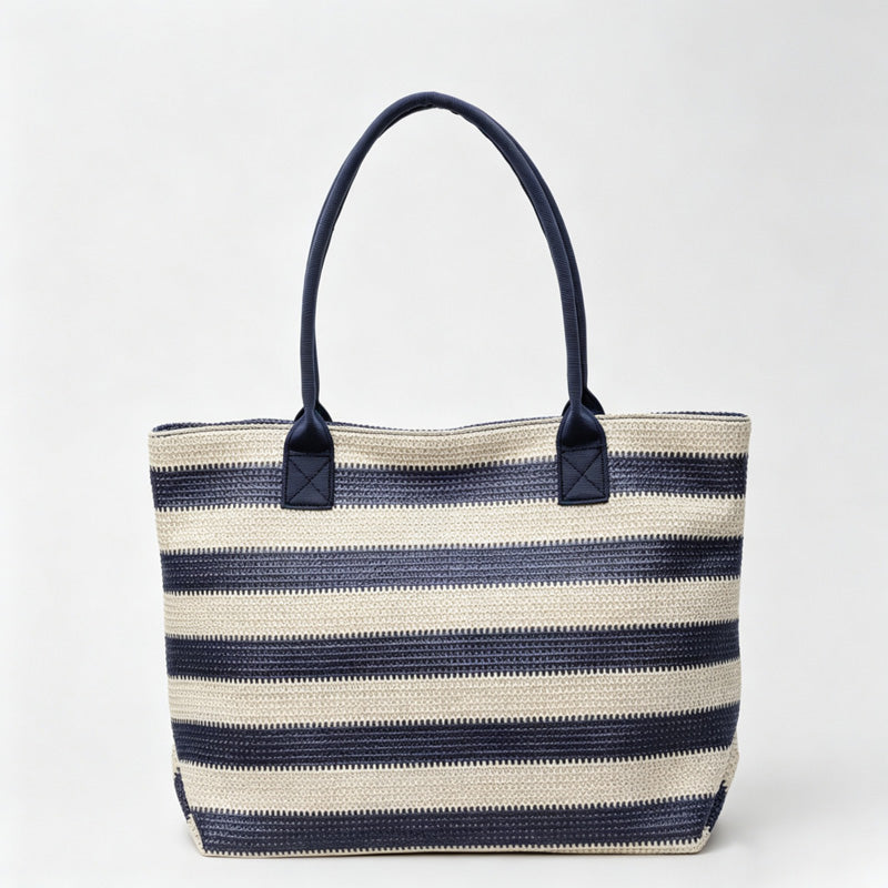 Striped Woven Straw Tote Bag