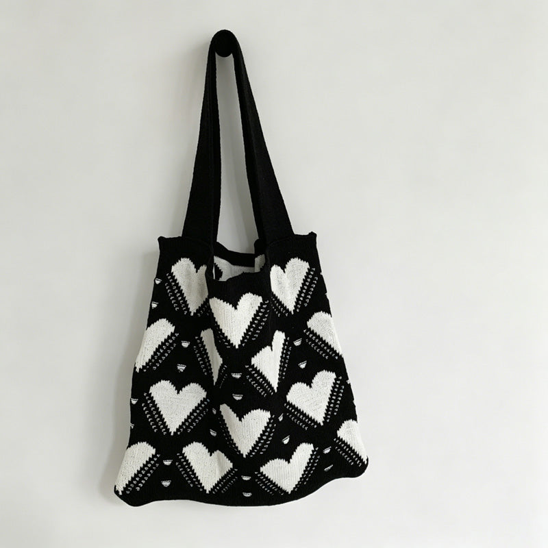 Heart Pattern Knit Tote Bag