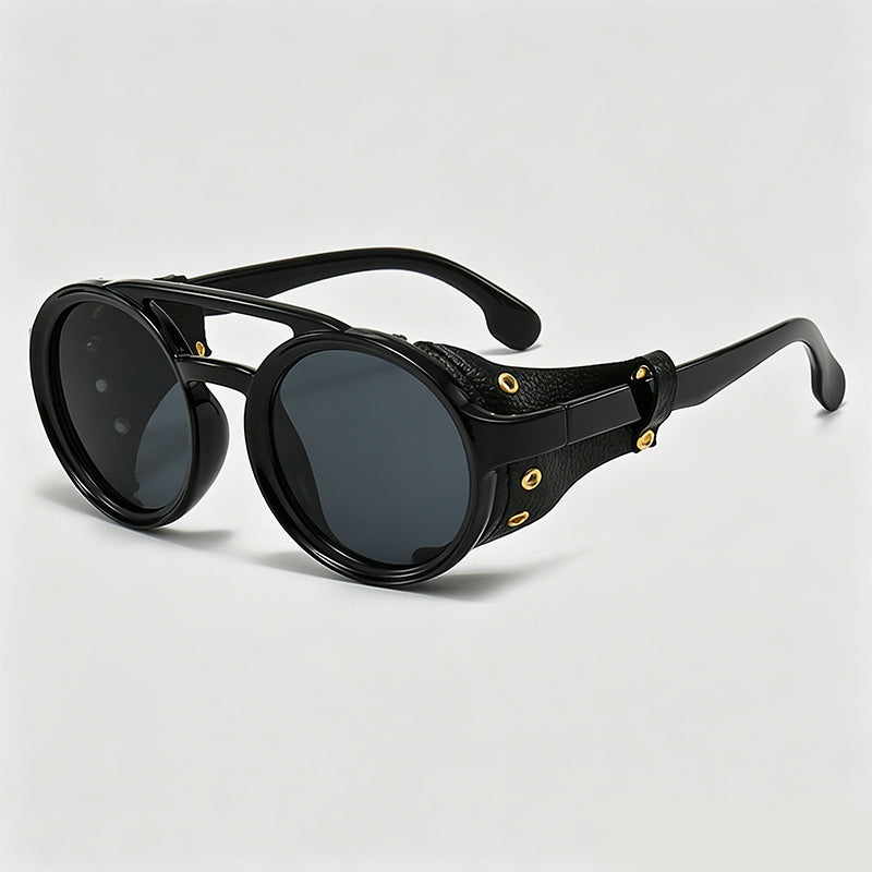 Steampunk Round Leather Wrap Sunglasses