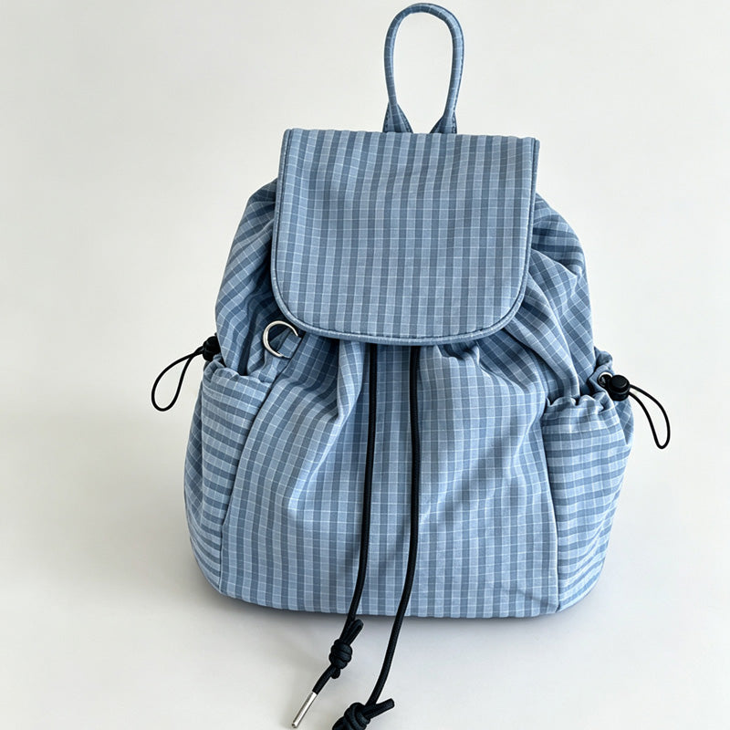 Gingham Drawstring Flap Backpack