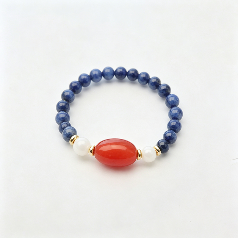 Red Agate Elastic Beaded Ring