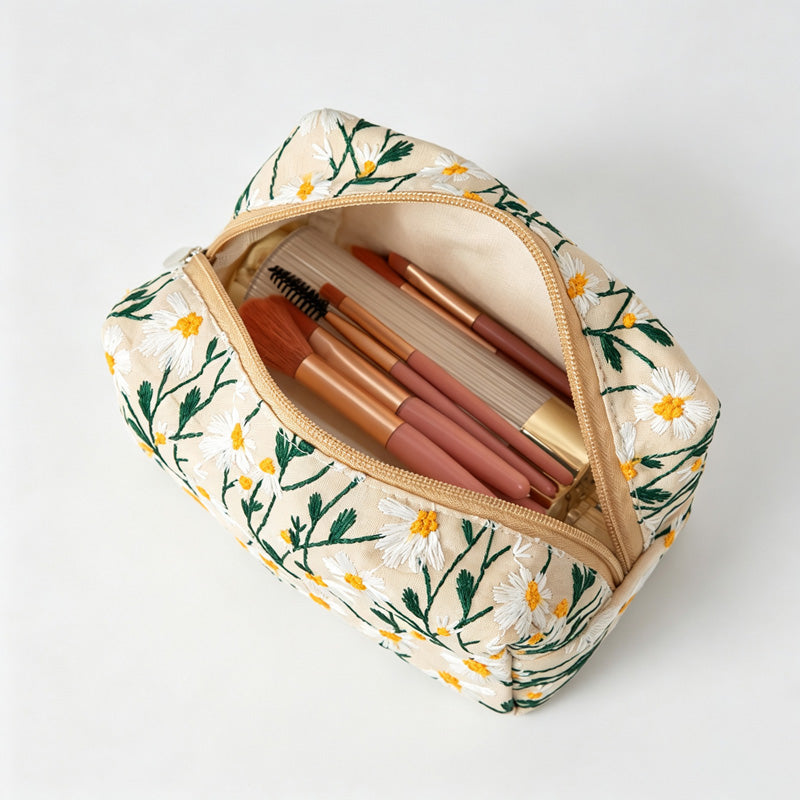 Daisy Floral Embroidery Square Cosmetic Bag
