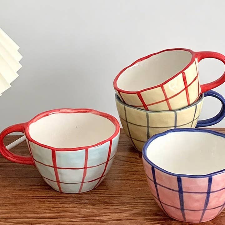 Hand Pinched Ceramic Plaid Breakfast Coffee Mug