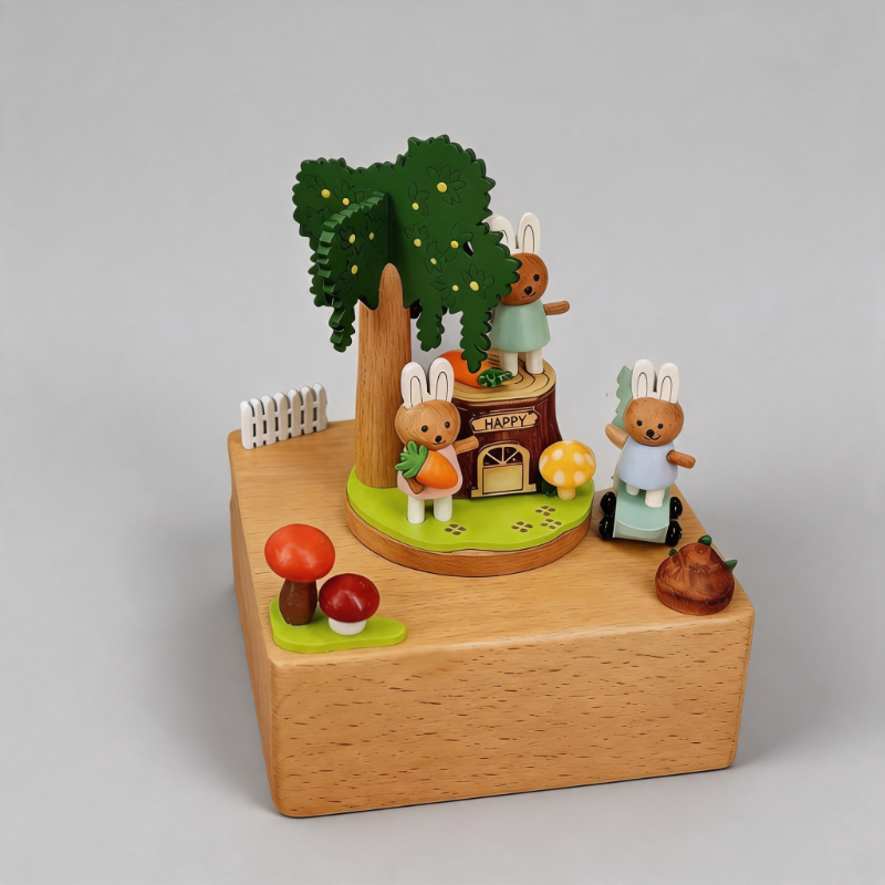Adorable Rabbit Wooden Rotating Music Box