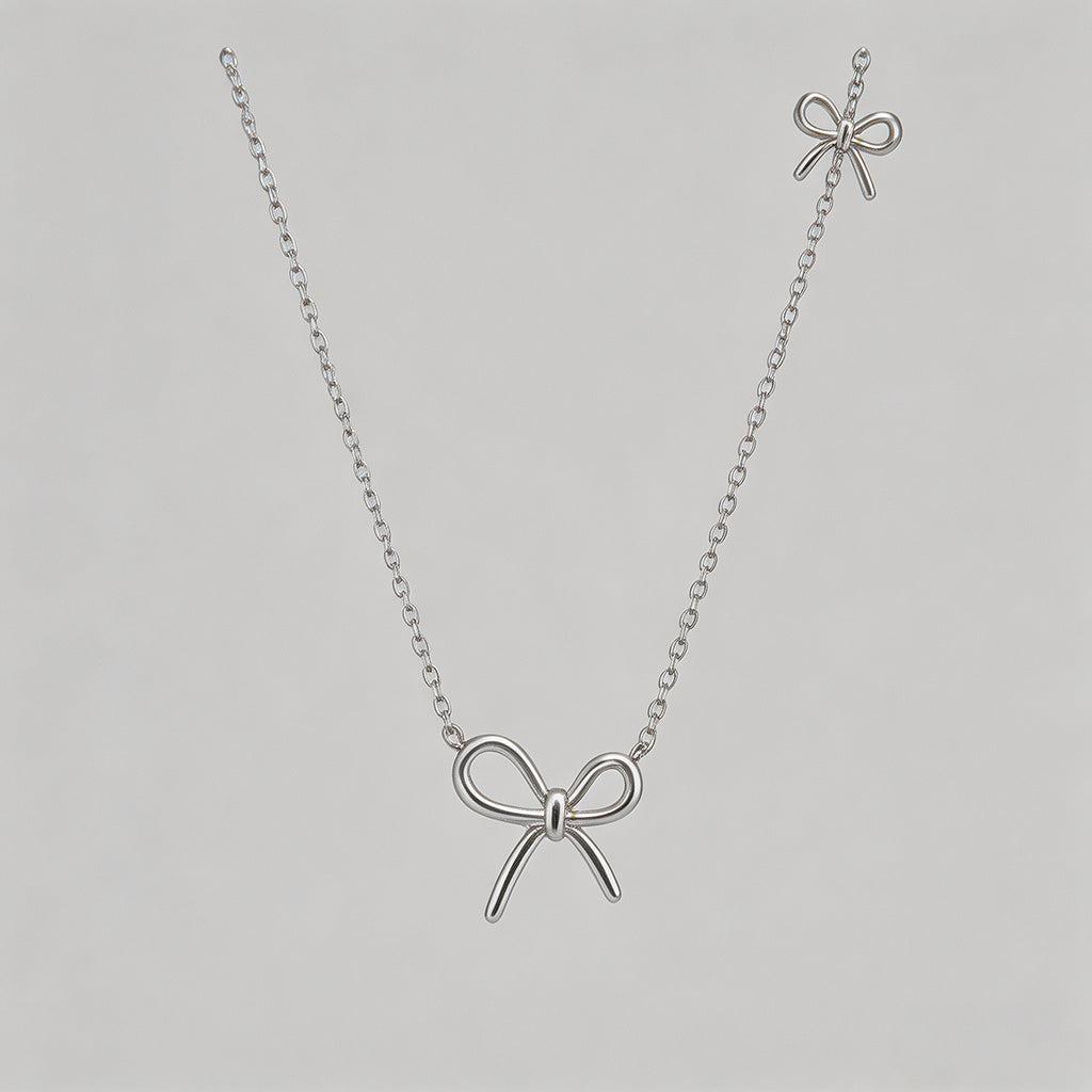Double Bow Charm Silver Neckla - Shopdayla Wholesale - #2354