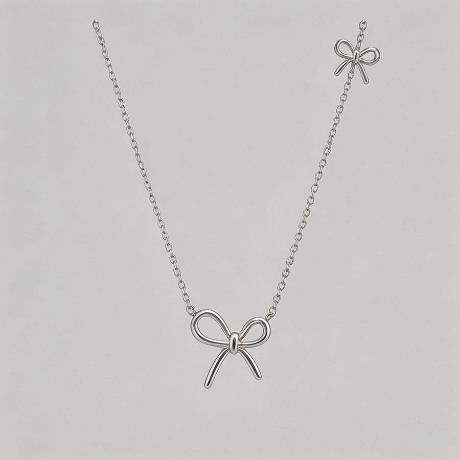 Double Bow Charm Silver Neckla - Shopdayla Wholesale - #2354