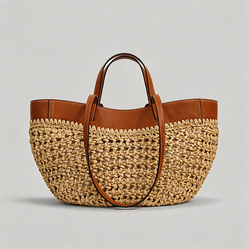 Woven Leather-Trimmed Tote Bag - Shopdayla Wholesale - #9202
