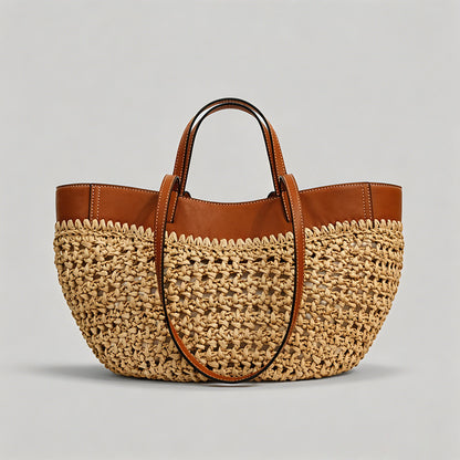 Woven Leather-Trimmed Tote Bag - Shopdayla Wholesale - #9202