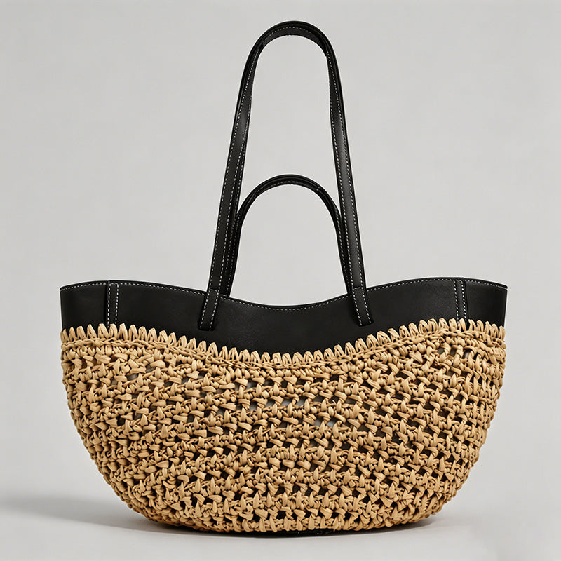 Woven Leather-Trimmed Tote Bag - Shopdayla Wholesale - #1970