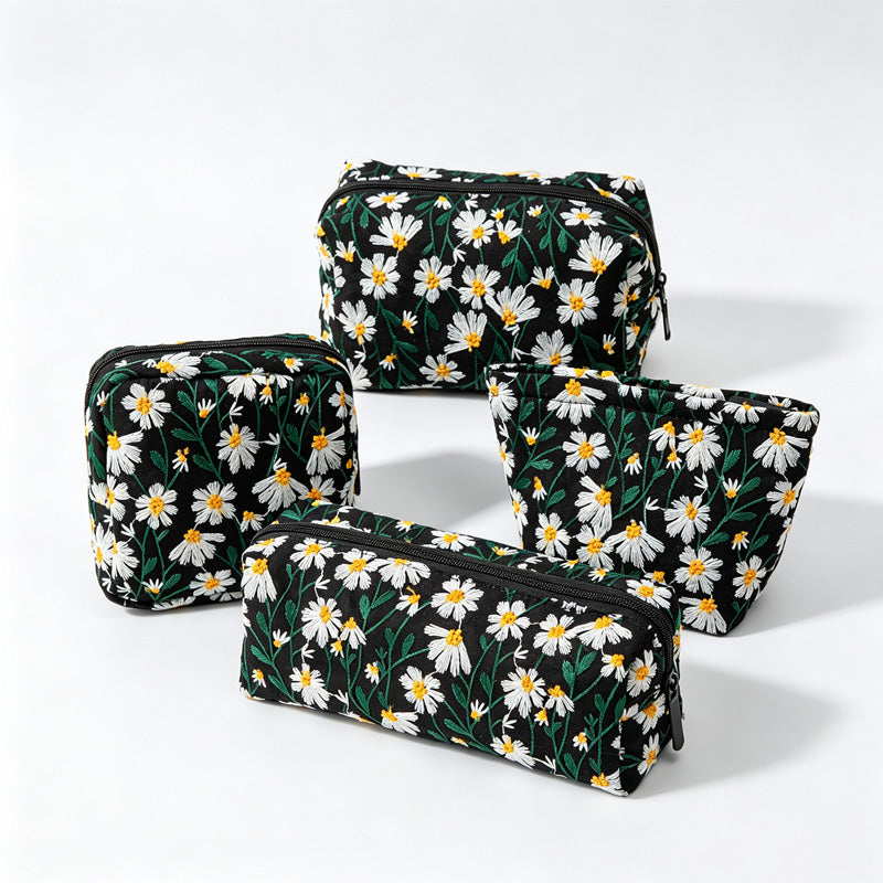 Daisy Floral Embroidery Cosmetic Pouch