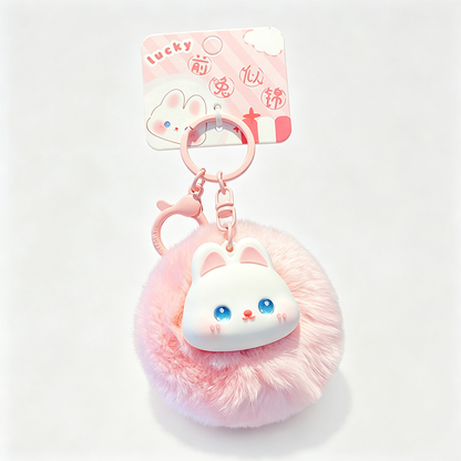 Resin Animal Head Pom‑pom Keychain