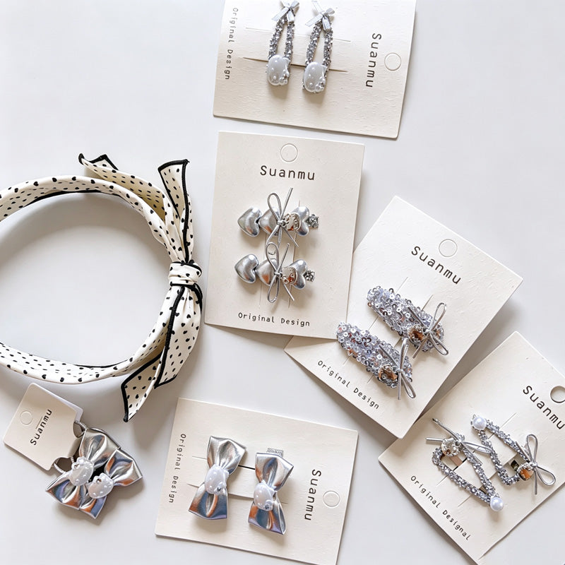 Silver Shiny Fabric Bow Hair Accessories
