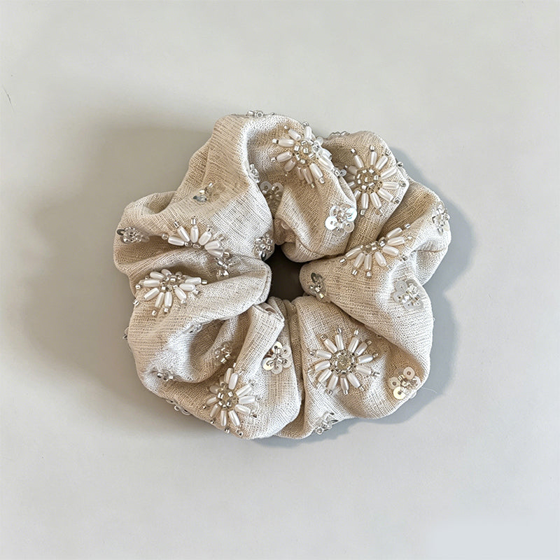 Natural Beaded Sequin Oversized Scrunchie