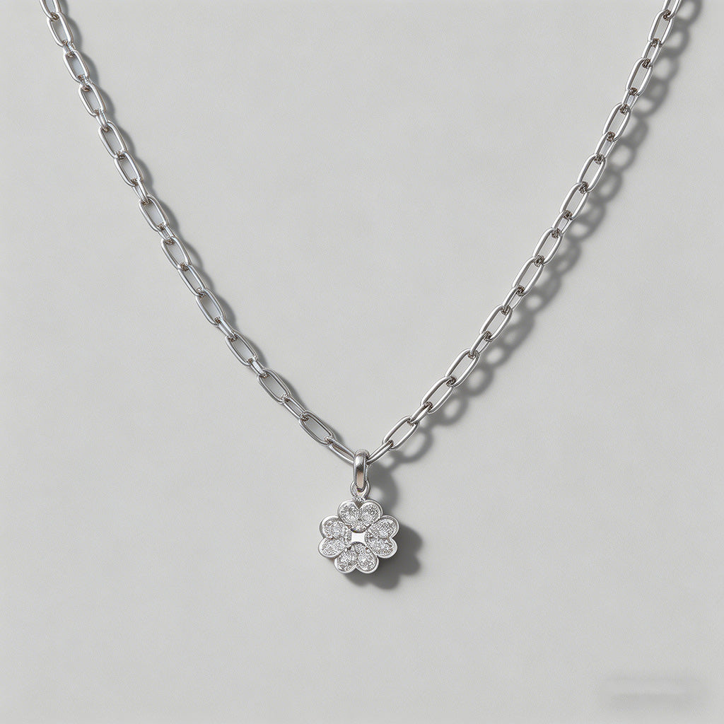 Crystal Clover Charm Paperclip Chain Necklace