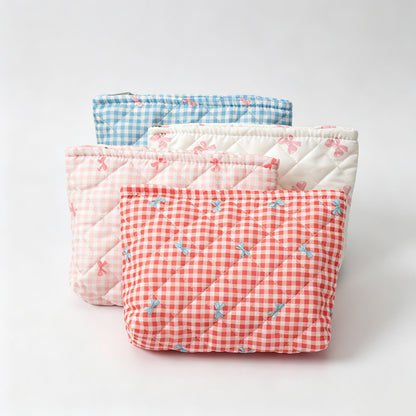 Gingham Bow Print Quilted Zipper Pouch