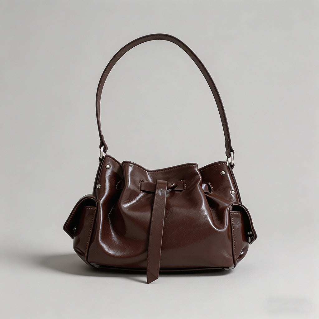 Waxed Faux Leather Ruched Drawstring Bucket Hobo Shoulder Bag