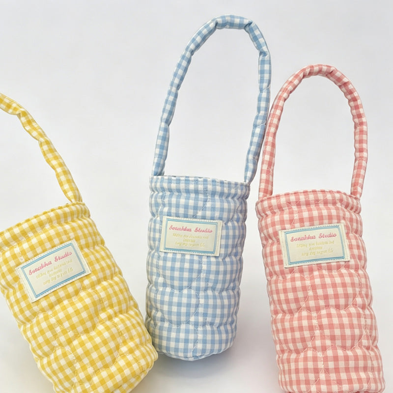 Plaid Quilted Fabric Water Bottle Carry Pouch