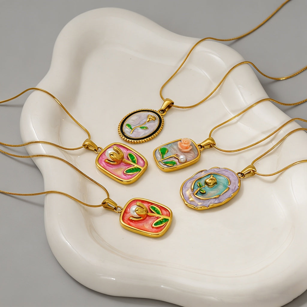 Vintage Enamel Tulip 18K Gold Stainless Steel Necklace