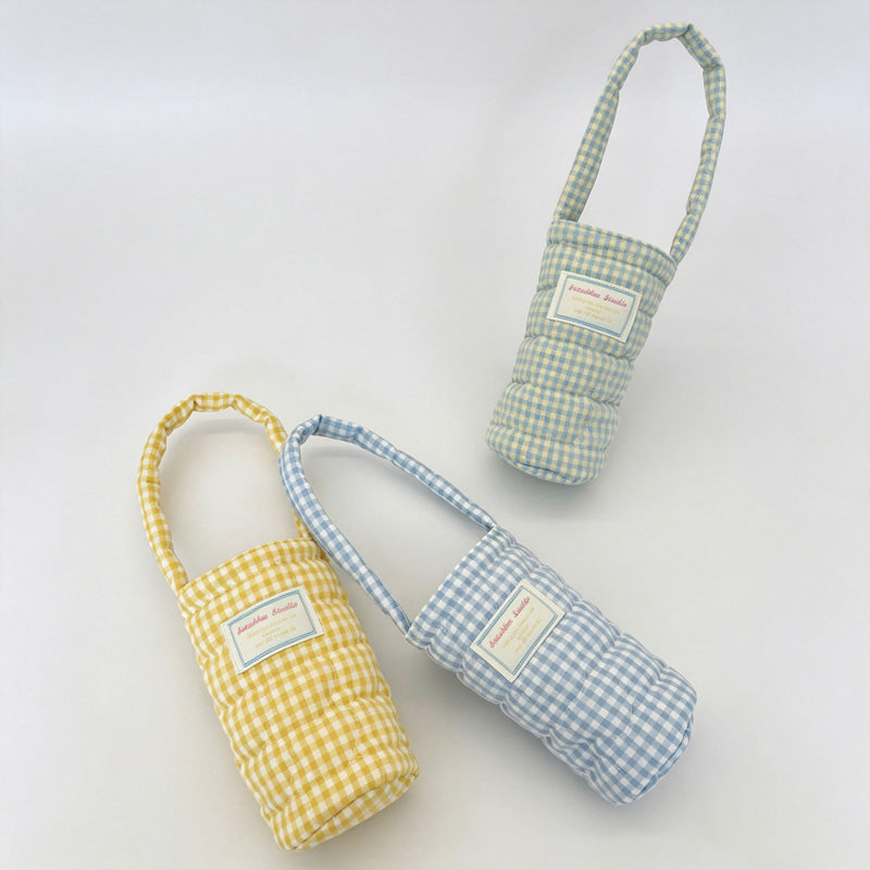 Plaid Quilted Fabric Water Bottle Carry Pouch