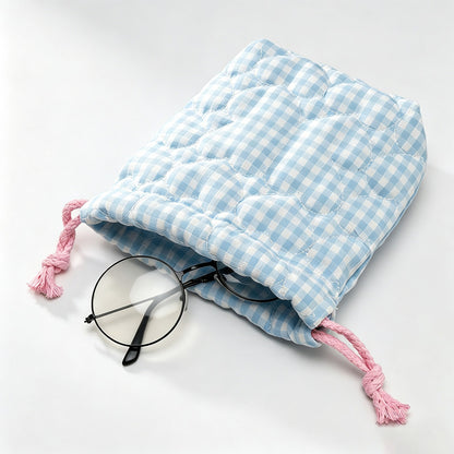 Quilted Gingham Drawstring Storage Pouch
