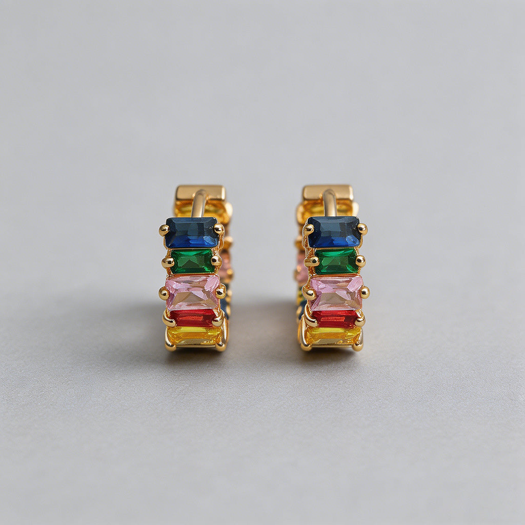 Rainbow Baguette CZ Huggie Hoo - Shopdayla Wholesale - #4002