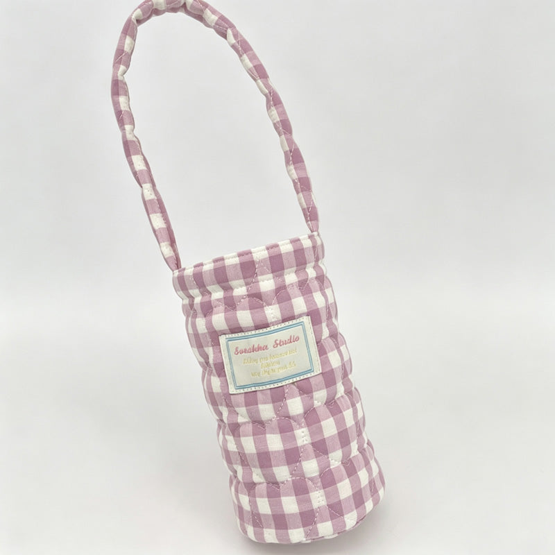 Plaid Big Quilted Fabric Water Bottle Carry Pouch