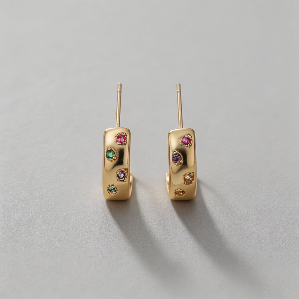 Gold Multicolor CZ Hoop Stud E - Shopdayla Wholesale - #1074