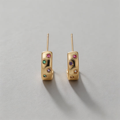 Gold Multicolor CZ Hoop Stud E - Shopdayla Wholesale - #1074