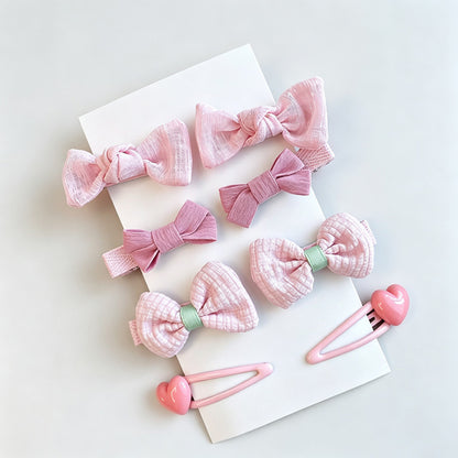 Pink Bow Heart Hair Clip Set