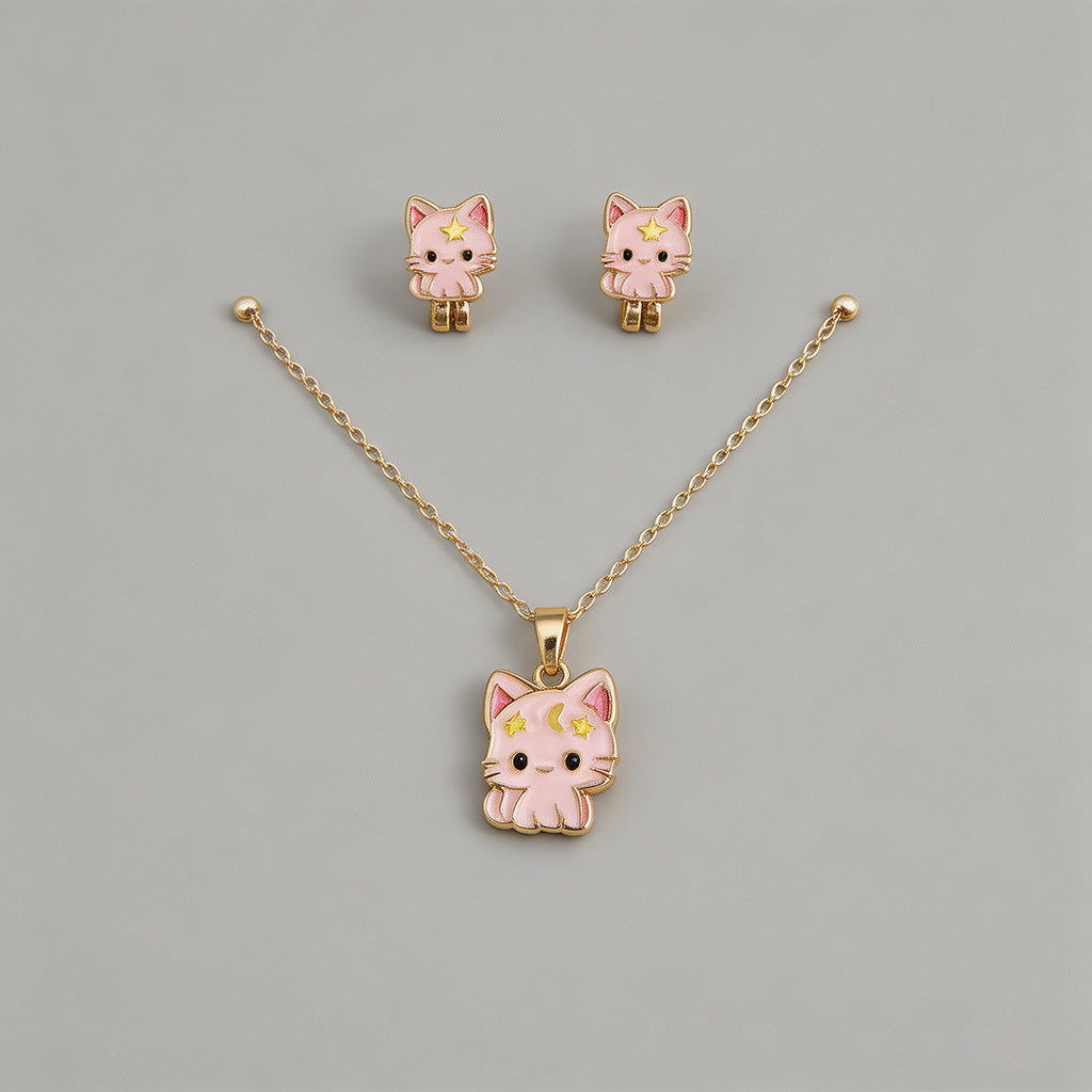 Cute Cat Enamel Necklace Set - Shopdayla Wholesale - #6818