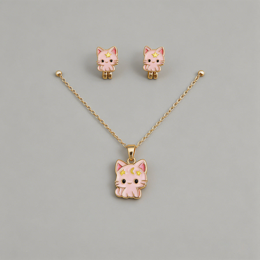 Cute Cat Enamel Necklace Set - Shopdayla Wholesale - #6818