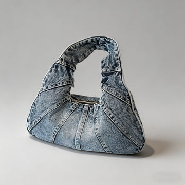 Washed Denim Ruched Hobo Tote Bag