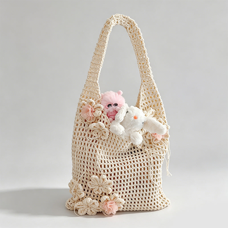 Vintage Pastoral Hand Crochet Floral Knit Tote Bag