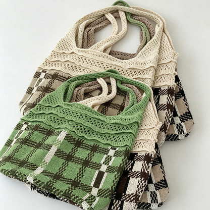 Plaid Panel Knit Tote Bag