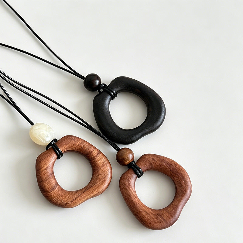 Geometric Square Wood Pendant Long Ethnic Necklace