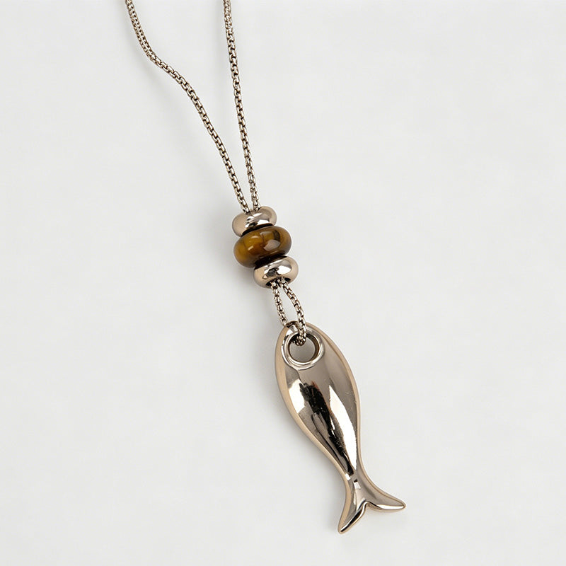 Natural Stone Fish Beaded Titanium Steel Necklace