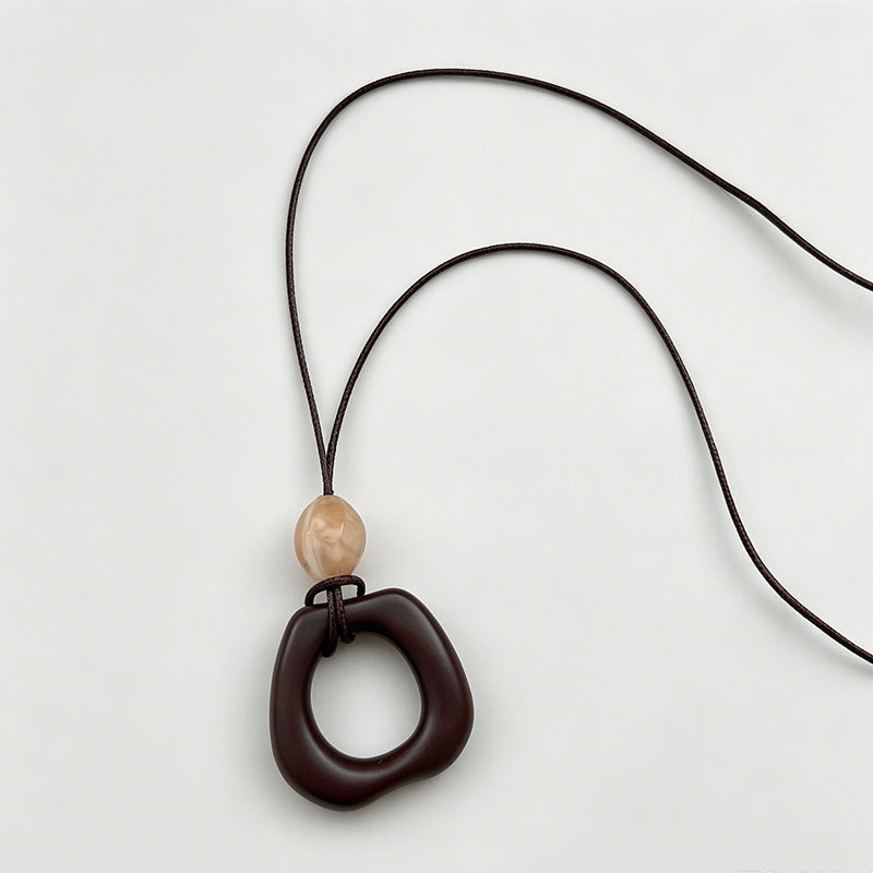 Retro Geometric Square Wood Pendant Cord Long Necklace