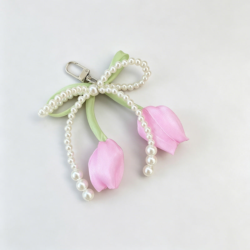 Tulip Flower Bow Pearl Bead Keychain