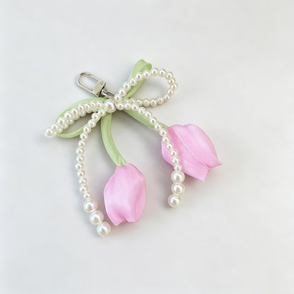 Tulip Flower Bow Pearl Bead Keychain